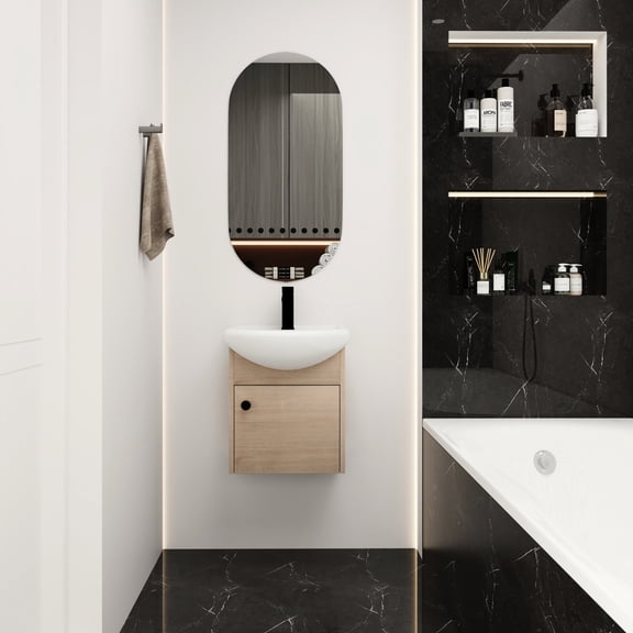 18 - inch Small Size | Wall - Mounted Floating Bathroom Vanity with Ceramic Sink for Convenient Space Use | Long - lasting, Easy - to - Clean and Soft - Closing Design