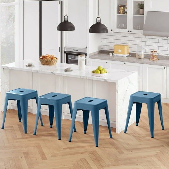 18 inch Space-Saving & Stackable Design Metal Bar Stools Set of 4, Backless Style Stools for Indoor Outdoor Barstools for School Classroom Kitchen(Deep Blue)