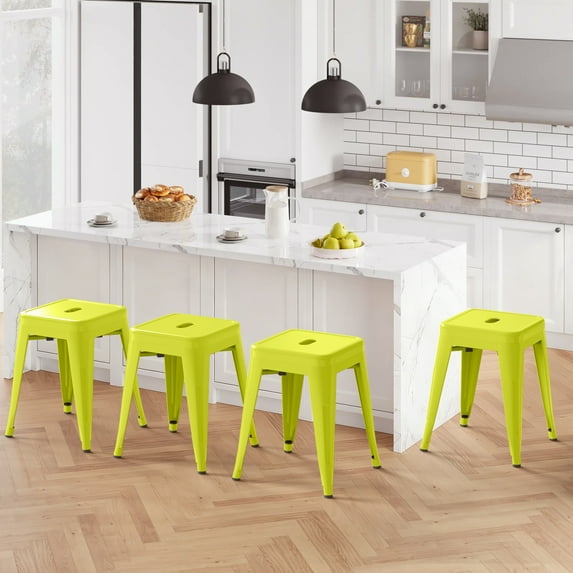 18 inch Space-Saving & Stackable Design Metal Bar Stools Set of 4, Backless Style Stools for Indoor Outdoor Barstools for School Classroom Kitchen(Mustard Green)
