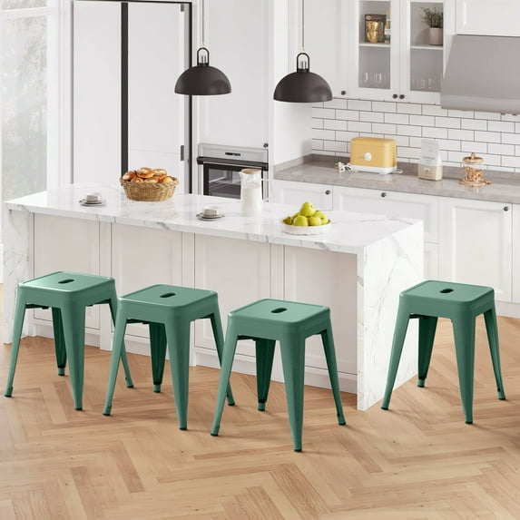 18 inch Space-Saving & Stackable Design Metal Bar Stools Set of 4, Backless Style Stools for Indoor Outdoor Barstools for School Classroom Kitchen(Olive Green)