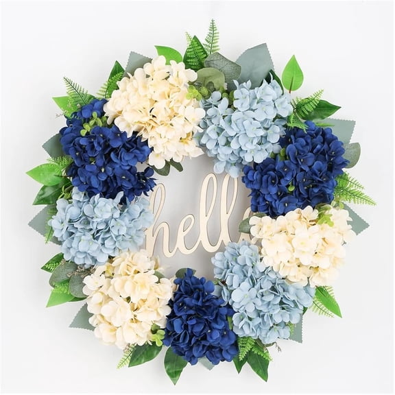 18 inch Spring Summer Wreath for Front Door - Artificial Hydrangea Year-Round Wreath with Welcome Sign, Plastic Hydrangea Wreath,All Season Outdoor Indoor Decor for Home Wall Window(Green)