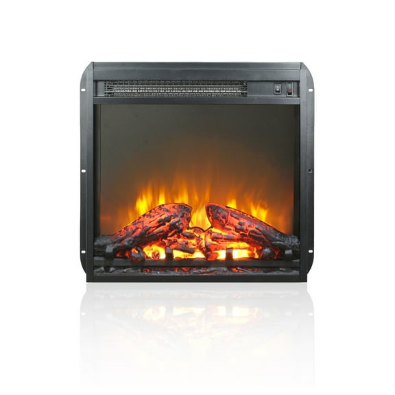 18 inch electric fireplace insert, ultra thin heater with log set & realistic flame, overheating protection Antique Black + no + Tempered Glass+Sheet Metal+Plastic