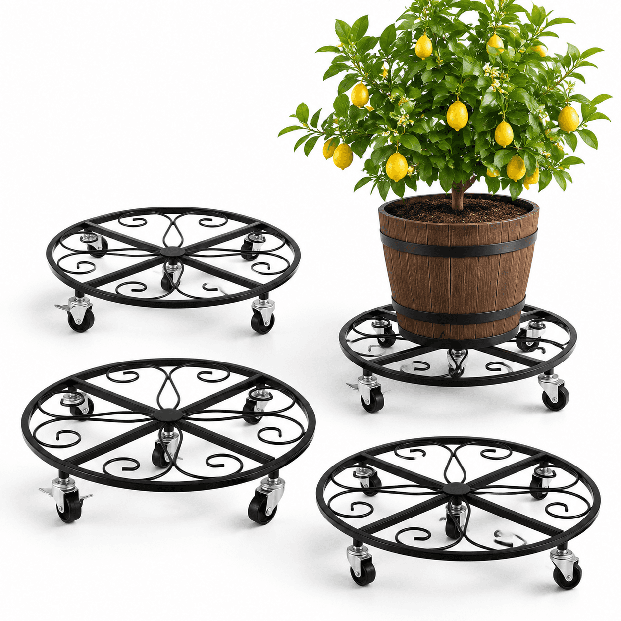 18 inches - 4 Pack Rolling Metal Plant Stand, Heavy Duty Wrought Iron ...