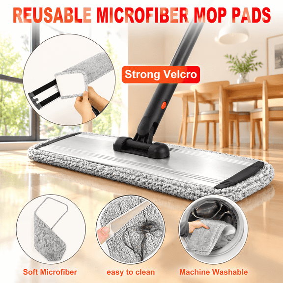 18 inches Microfiber Flat Mop with Adjustable Handle and Washable Pads