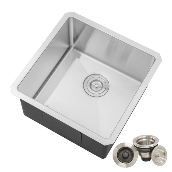 18 inches Undermount 16 Gauge Stainless Steel Single Bowl Island / Bar / Prep Kitchen Sink with 15mm Radius Corner Design includes One Pop-up Strainer/Drain