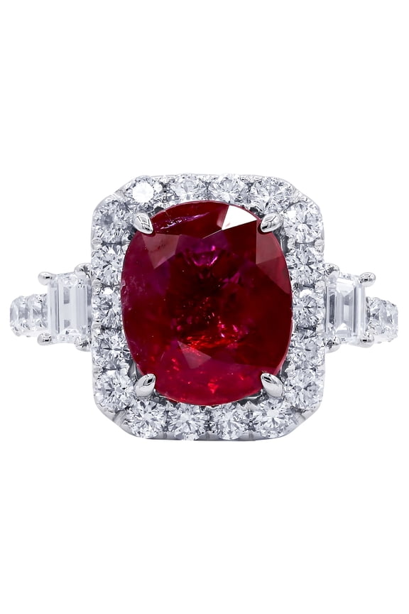 18 kt white gold 4.00 ct GIA certified oval cut ruby with 1.75 cts tw of baguette and round diamonds on the side