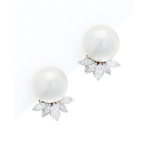 Diana M 18 Kt White Gold Diamond And Pearl Stud Earrings Featuring A 14 Mm White Pearls And 2.55 Cts Tw Of Marquise Cut Diamonds In A Fan Pattern
