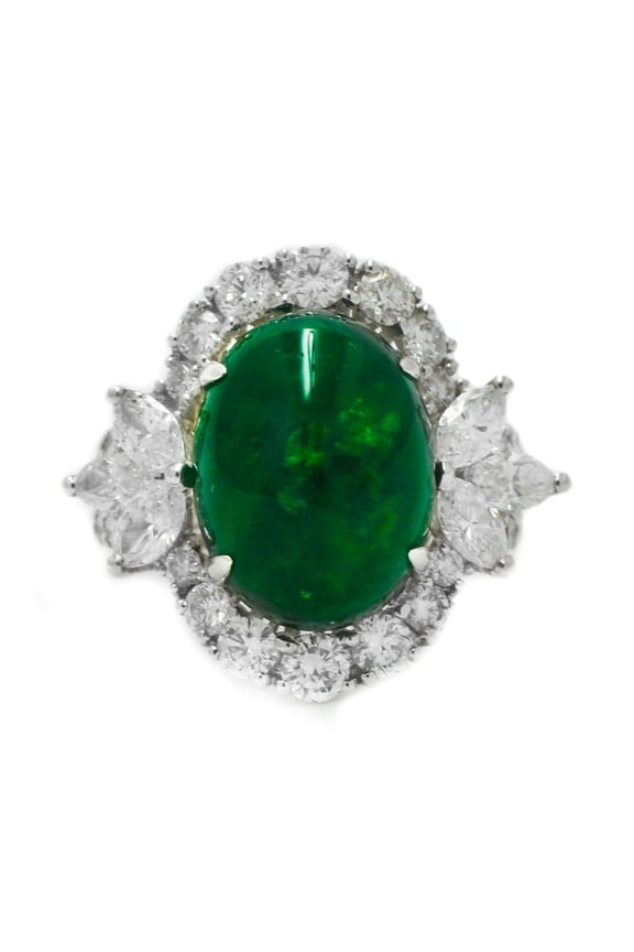 18 Kt White Gold Emerald And Diamond Ring Featuring A 13.39 Ct Gia Certified Emerald Surrounded By 3.46 Cts Tw Of Diamonds With Leaf Designs On The Left And Right