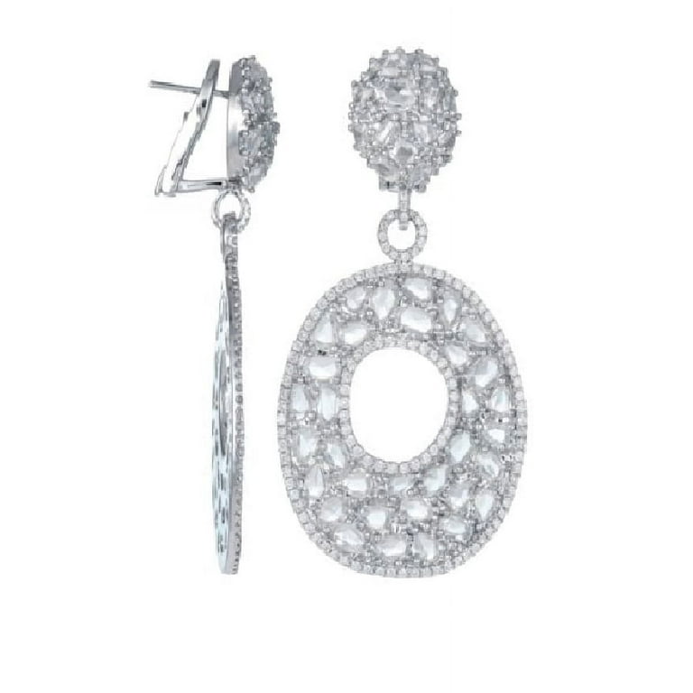 Diana M 18 Kt White Gold Rhodium Plated Diamond Earrings Adorned With 26.43 Cts Tw Of Rose Cut Diamonds