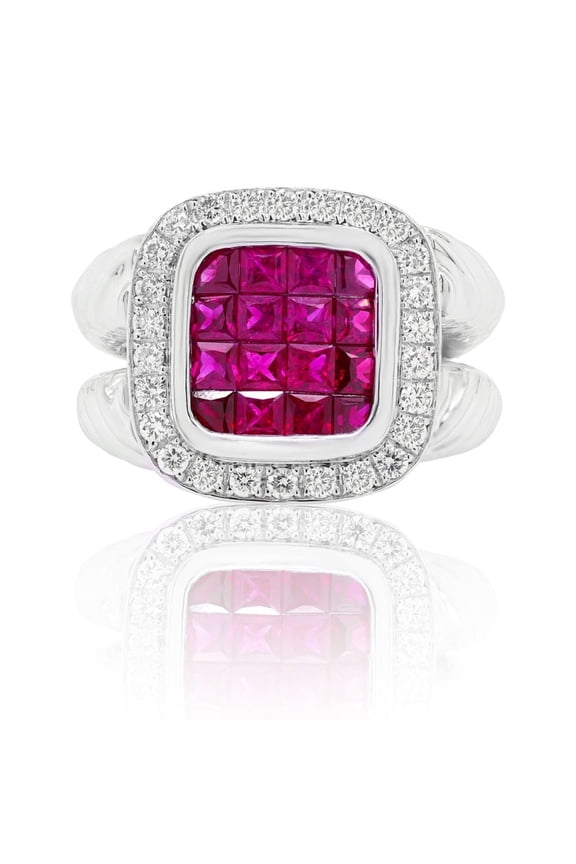 18 Kt White Gold Ruby Diamond Fashion Ring Featuring 2.40 Cts Tw Of Rubies Surrounded By 1.00 Cts Tw Of Diamonds