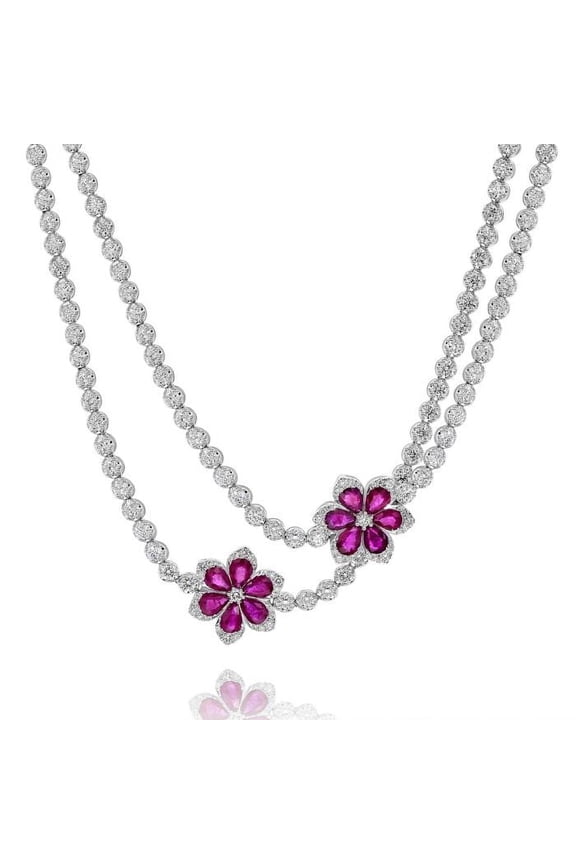 18 Kt White Gold Ruby And Diamond Long Tennis Necklace Adorned With 14.63 Cts Tw Of Pear Shaped Rubies In A Flower Shape And 22.35 Cts Tw Of Diamonds Measuring 35.5" And Weighing 54.10 Gms