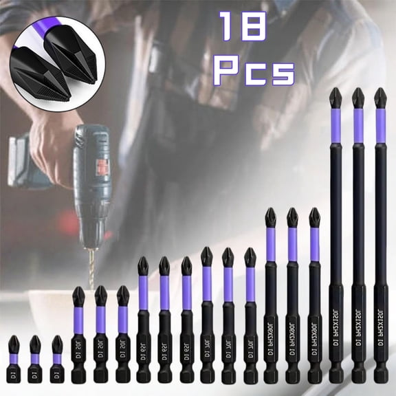 18 magnetic screwdriver heads, with a cross-head drive sleeve, anti-slip impact cross drill bit, 1/4'' hexagonal handle, 25-150MM, suitable for both electric and manual drills.