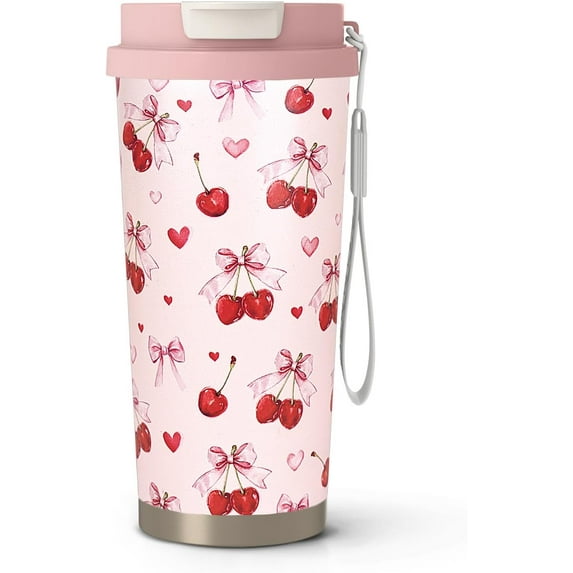 18 oz(530ml) Cherry Stainless Vacuum Steel Insulated Coffee Travel Mug Cup Water Bottle Tumbler with Straw,Cherry Decor