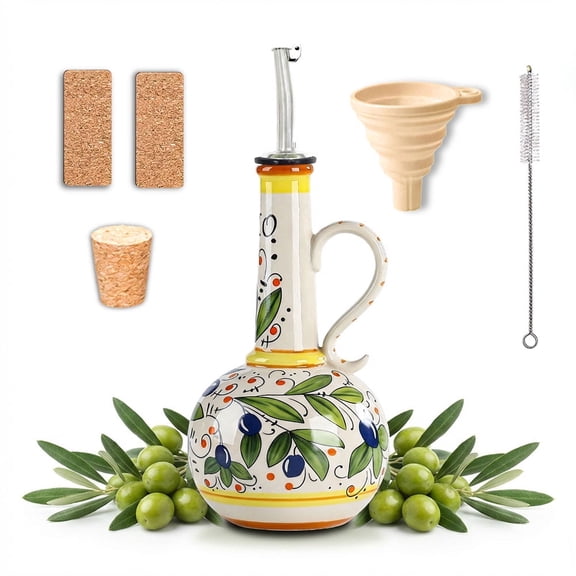 KXZ Ceramic Olive Oil Dispenser Bottle for Kitchen with Handle, Decorative Oil Cruet with Pour Spout, Silicone Funnel, Cork Stopper, Labels and Cleaning Brush, 4.5 x 4.5 x 10 In