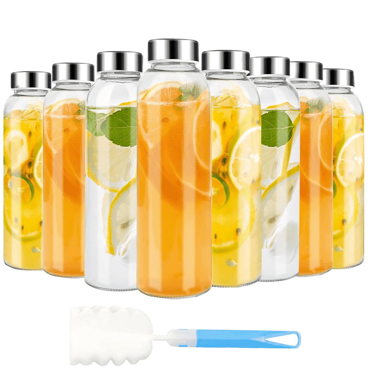 GPED 18 oz Clear Glass Bottles with Lids, Reusable Glass Water Bottles Set of 8 with Stainless Steel Cap for Juicing, Refrigerator,100% Leak Proof, ECO Friendly, Bpa Free, Dishwasher Safe