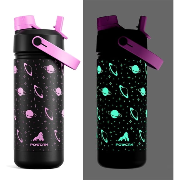 18 oz Kids Insulated Water Bottle: Glow-in-the-Dark, 2-in-1 Straw Spout Lid, Leakproof, BPA-Free, Keep Cold 24H, Stainless Steel Cup for School, Party, Travel, Holiday, Gift (Magic Glow Planet)