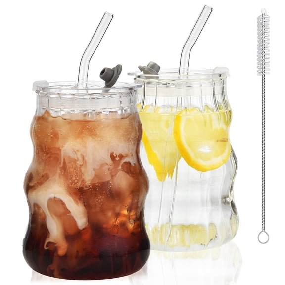 18 oz Ribbed Glass Tumblers with Lids and Straws,2 Pack Iced Coffee Cups, Vintage Design, Bubble Glass Aesthetic,Ideal for Smoothies, Cocktails,Juices