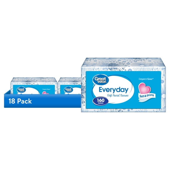 (18 pack) Great Value Everyday Soft Facial Tissues, 1 Flat Carton, 160 Tissues per Flat, 2-Ply, Compare to Kleenex