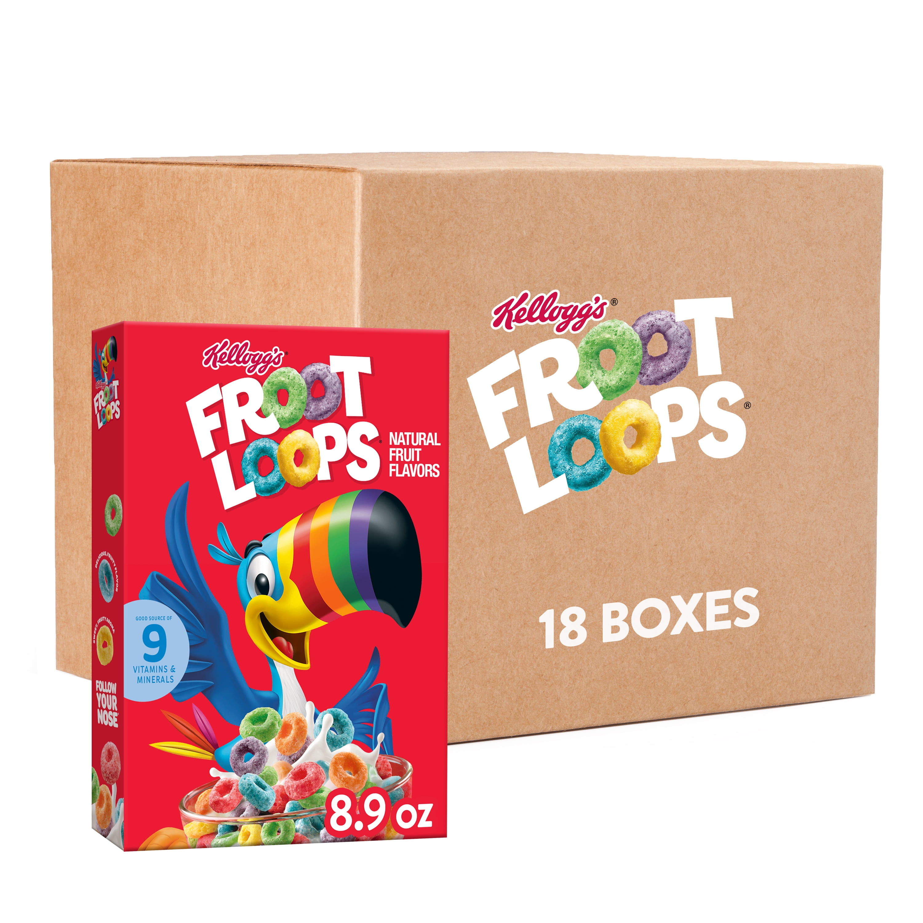 (18 pack) Kellogg's Froot Loops Breakfast Cereal, Good Source of Fiber, 15g Whole Grains, 8.9 oz