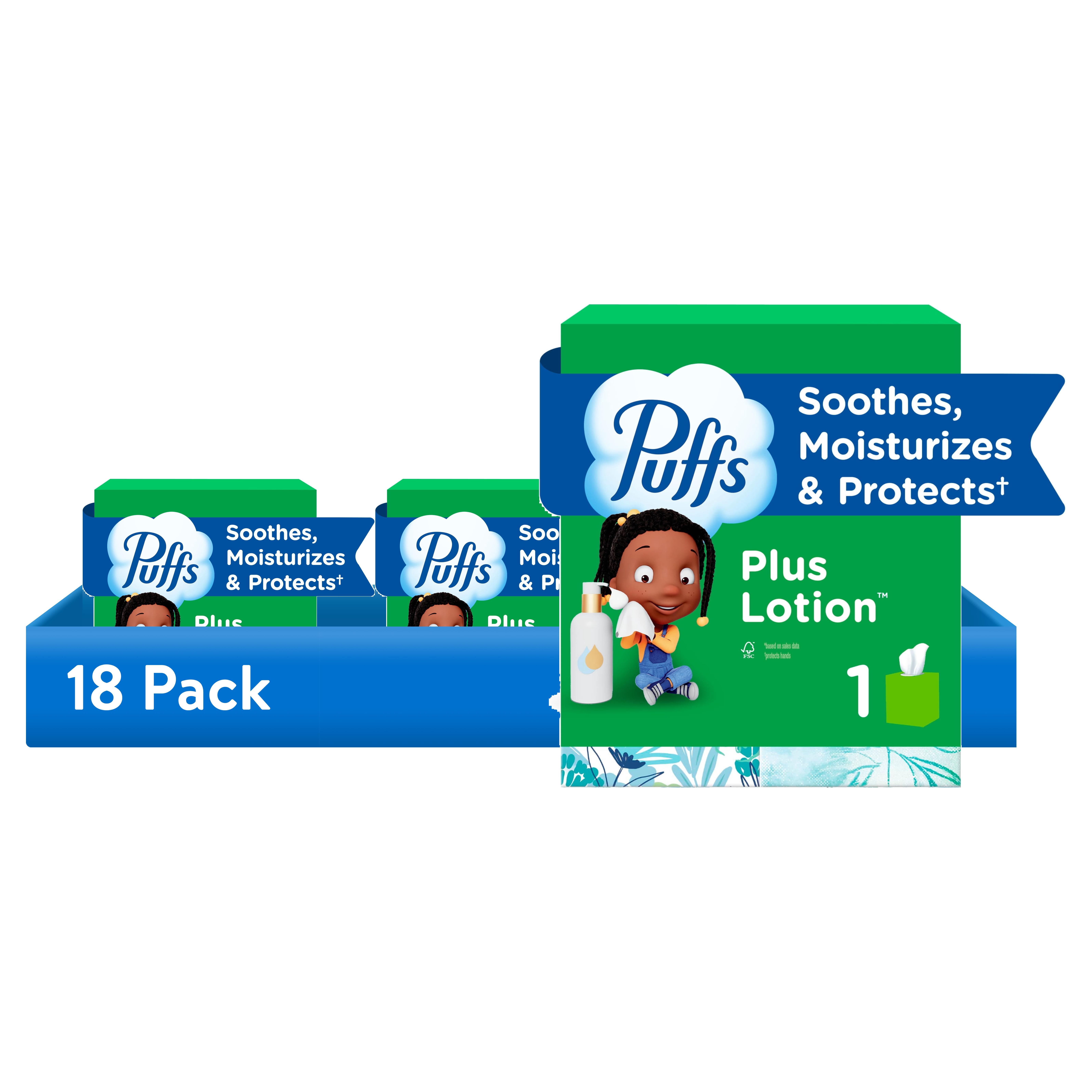 (18 pack) Puffs Plus Lotion Facial Tissue, 1 Mega Cube Box, 72 Tissues Per Box