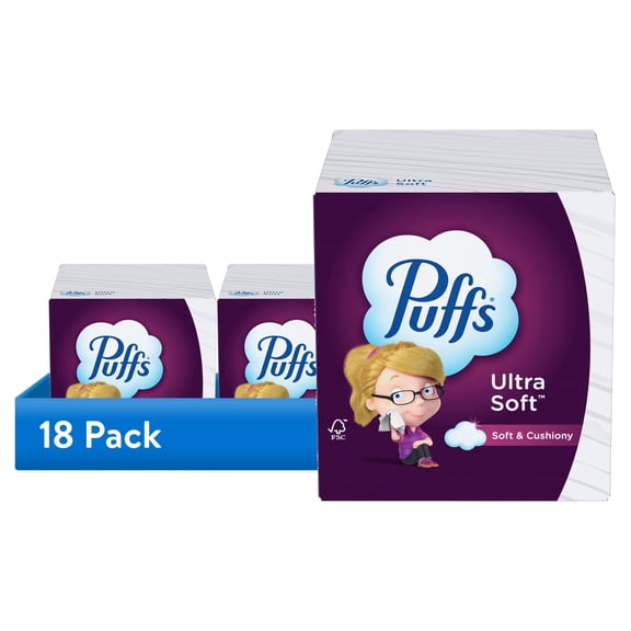 (18 pack) Puffs Ultra Soft Non-Lotion Facial Tissue, 1 Mega Cube Box, 72 Facial Tissues per Box