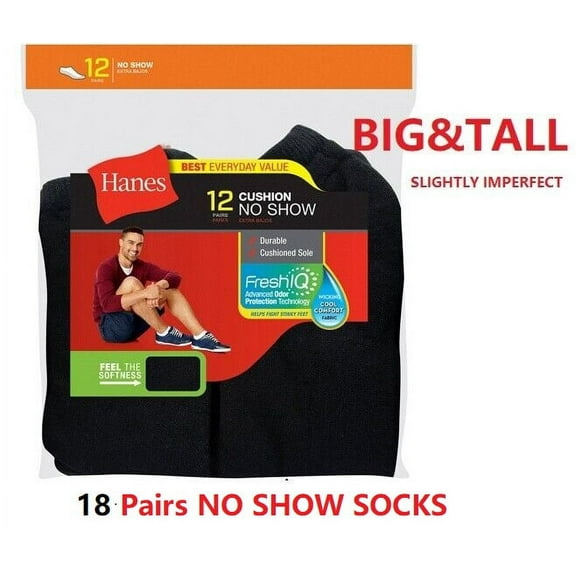 18 pairs Hanes Men's BIG & TALL   cushion No Show socks "SLIGHTLY~IMPERFECT" (Black, 18 Pairs)
