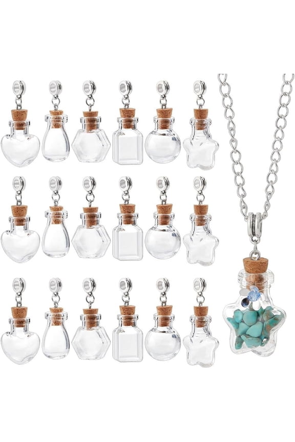 18 pcs Glass Wishing Bottle Mini Glass Bottle Pendants 6 styles European Dangle Charms Glass Wishing Bottle with Cork Stopper for DIY Jewelry Making