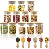18 pcs Glass jars Set, 12 set - 6oz Spice Jars Set with Bamboo Lids, 6 pcs Small Condiments Wooden Spoons, Airtight Glass Food Cereal Storage Containers for Kitchen (Set of 18, 6oz)