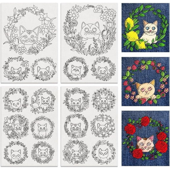 18 pcs Water Soluble Embroidery Stabilizers Cat Embroidery Patterns Transfer Paper for Beginners Stick and Stitch Embroidery Paper Wash Away Colorful