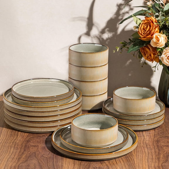 18-piece Stoneware Dinnerware Set For 6 - Ribbed Ceramic Plates And  Scratch-resistantwave & Dishwasher Safe Reactive Glaze Green Wheat