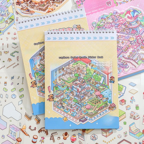 18 piece collection retro 3D miniature scene stickers featuring circus, arcade, shopping mall other themed scenes, made PET waterproof material, DIY journal decoration scrapbook sticker pack