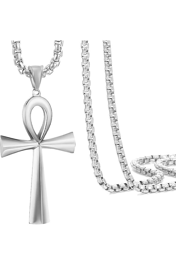 16 to 24 Inches Rolo Chain Ancient Ankh Cross Pendant Necklace for Men Women 316L Stainless Steel with Large And Medium Sizes