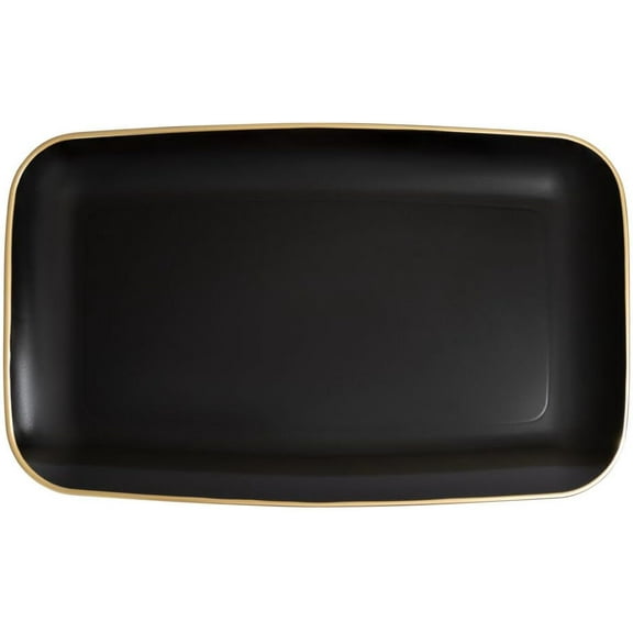 18" x 11" inch Disposable Rectangular Black Plastic with Gold Rim Serving Tray, China Like Party Trays, Heavy Duty Dinner Serving Plate, Platter, Weddings, Baby Showers, Catering (1)