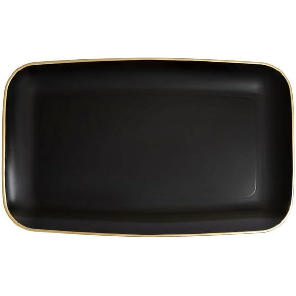 18" x 11" inch Disposable Rectangular Black Plastic with Gold Rim Serving Tray, China Like Party Trays, Heavy Duty Dinner Serving Plate, Platter, Weddings, Baby Showers, Catering (8)