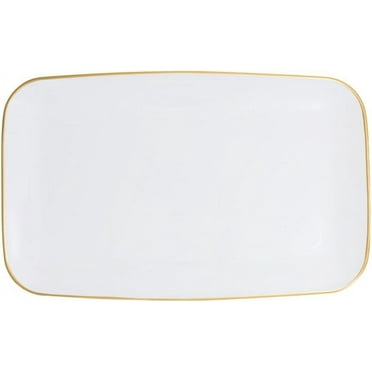 18" x 11" inch Disposable Rectangular White Plastic with Gold Rim Serving Tray, China Like Party Trays, Heavy Duty Dinner Serving Plate, Platter, Weddings, Baby Showers, Catering (1)