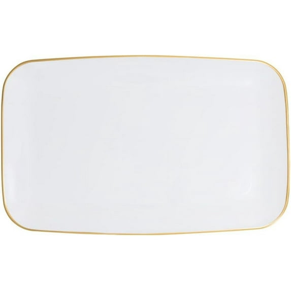 18" x 11" inch Disposable Rectangular White Plastic with Gold Rim Serving Tray, China Like Party Trays, Heavy Duty Dinner Serving Plate, Platter, Weddings, Baby Showers, Catering (48)