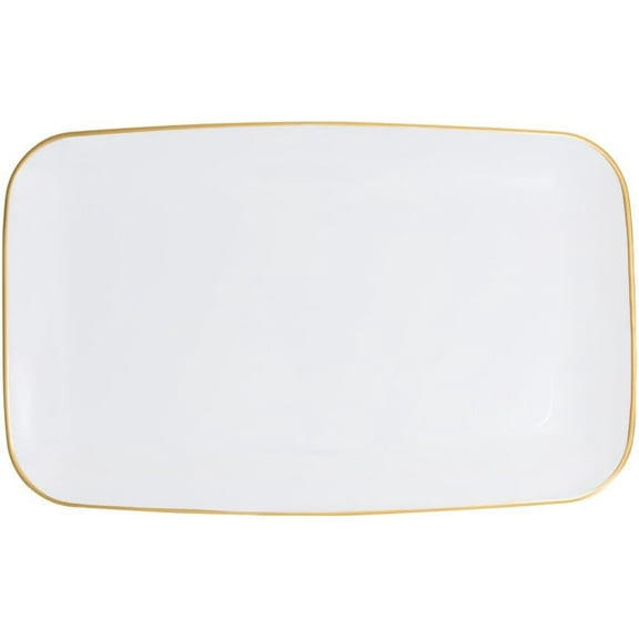 18" x 11" inch Disposable Rectangular White Plastic with Gold Rim Serving Tray, China Like Party Trays, Heavy Duty Dinner Serving Plate, Platter, Weddings, Baby Showers, Catering (2)