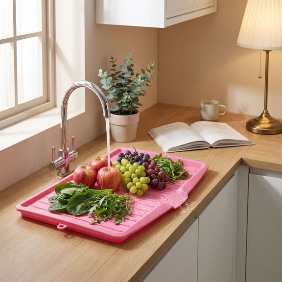 18 x 12' Kitchen Drain Board with 4 Raised Sections,Large Plastic Draining Tray with Side Drop Slope Diversion,Light Green Side Dish Drying Tray,Blue
