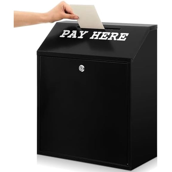 18 x 15 x 7 Inch Safe Cash Box Money Collection Metal Donation Box with Lock Wall Mount Pre Drilled Mailbox Delivery Ballot for Home Office Outdoor Self Serve Stand (Black)