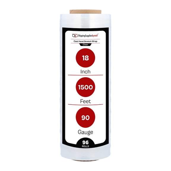 SSBM Cast Hand Stretch Wrap 18" x 1500' 96 Rolls 90 Gauge Clear Plastic Cling Shrink Film for Packing Moving Wrapping