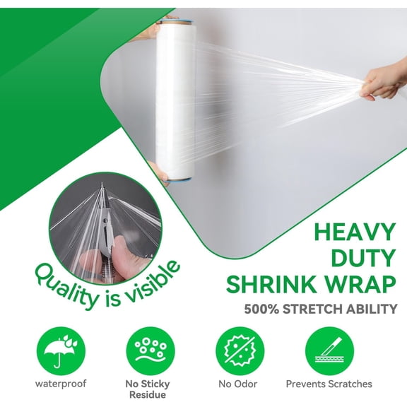 18" x 1500' Plastic Shrink Wrap Roll - 80 Gauge, 500% Stretch Industrial Strength Moving Wrap, Heavy Duty Pallet & Furniture Protection - 4 Roll Bundle Stretch Wrap with Handles