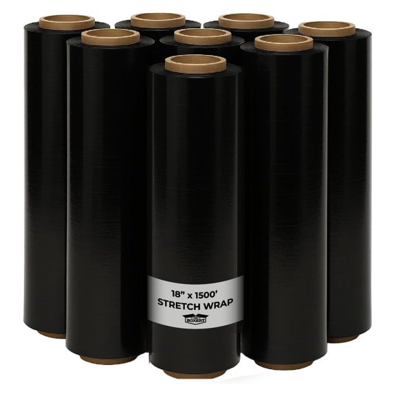 18" x 1500' Stretch Wrap 65 Gauge Black Blown Film 8 Rolls (12,000ft Total) Opaque Pallet Wrap for Concealed Shipping & Load Security