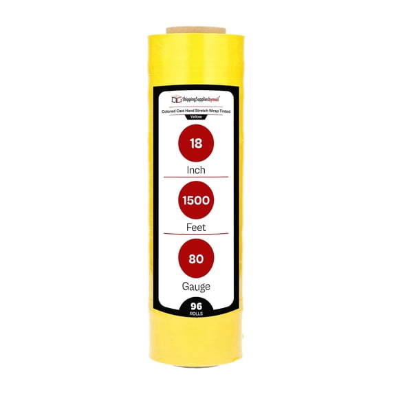 SSBM Yellow Tinted Cast Hand Stretch Wrap 18" x 1500' 96 Rolls 80 Gauge Plastic Self Adhesive Shrink Film for Packaging