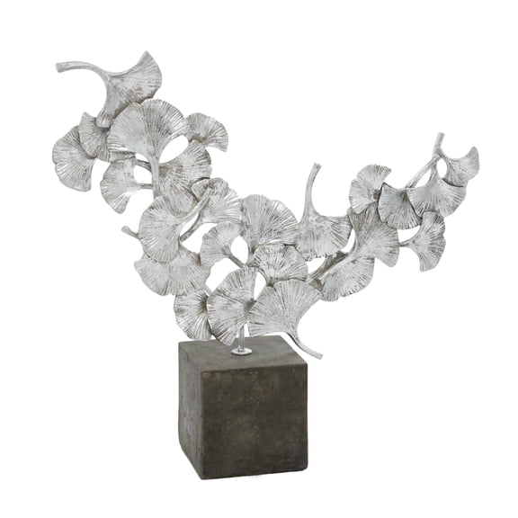 18" x 17" Silver Polystone Handmade Floral Sculpture with Black Block Base, by DecMode