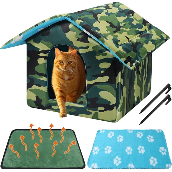18" x 17" x 16" Outdoor Cat House for Winter Weatherproof Feral Pet Shelter for Cats Dog Collapsible Green Camouflage Pet House Outside with Self Warming Pad Blanket 3 Tent Stake(L Size)