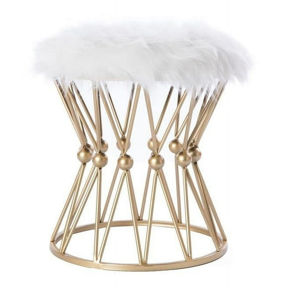 18 x 17 x 17 in. Round Metal Stool with White Fur Top, Gold