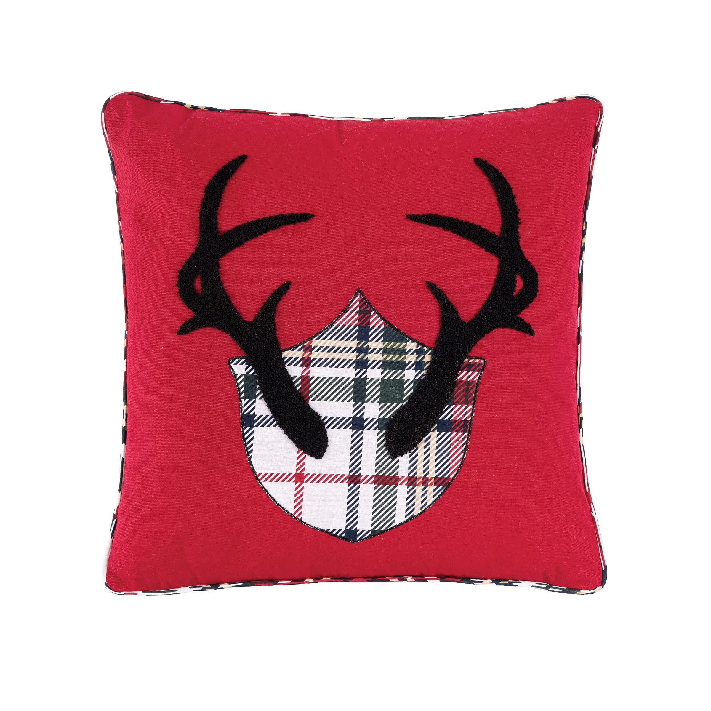 Red and Plaid Cotton Embroidered Antler Mount Pillow