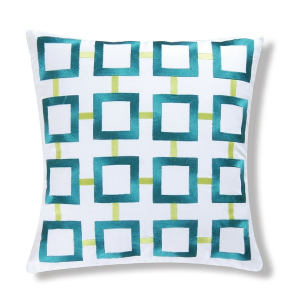 Aqua Squares Embroidered Pillow, 18" x 18"