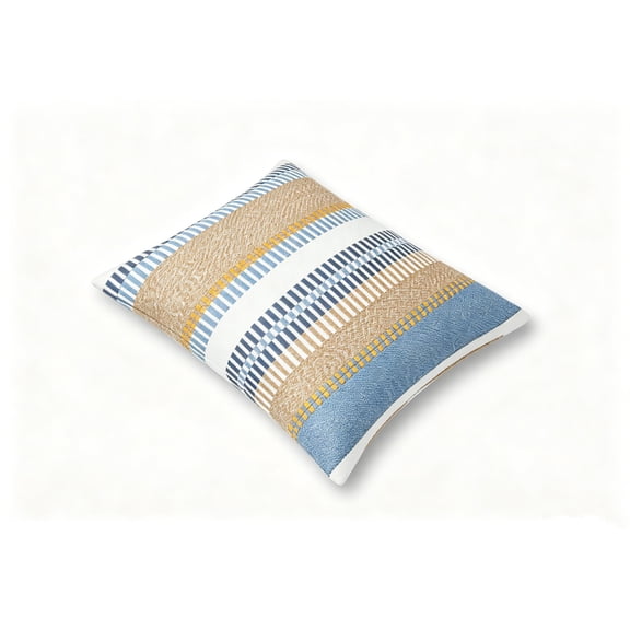 18" x 18" Blue Multi-Stripe Outdoor Pillow, Bohemian Striped Throw Pillow, Blue Yellow Beige Geometric Cushion, Soft Woven Decorative Pillow for Living Room Sofa Bedroom