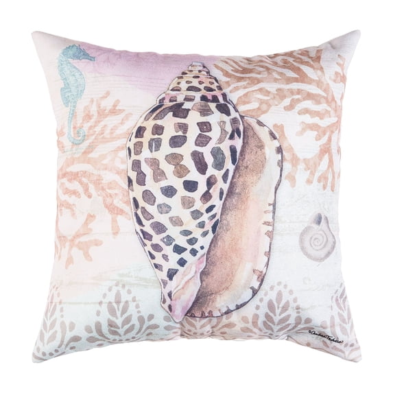Brown Conch Shell w/ Seahorse & Coral Indoor/Outdoor Throw Pillow, 18" x 18"